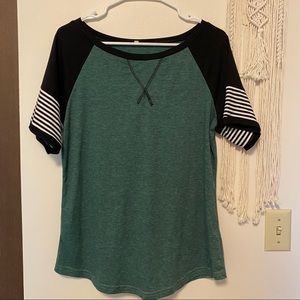 Womens Casual shirt, green with black/white striped short sleeves